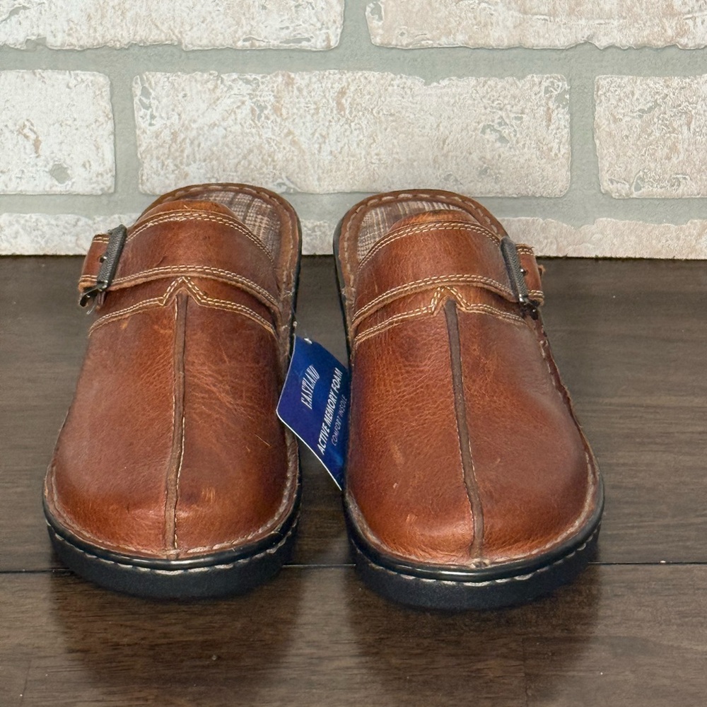Brown Leather Clogs with Buckle Detail